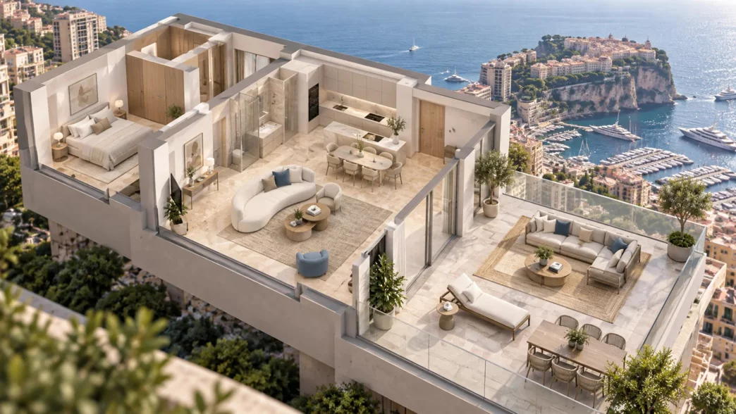 Illustration en coupe d’un appartement et de sa terrasse, montrant des espaces intérieurs et extérieurs distincts face à la mer.