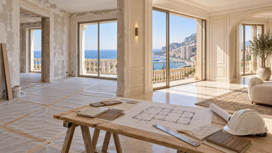 Appartement en cours de rénovation avec plans, échantillons de matériaux et casque de chantier près de grandes fenêtres donnant sur la mer.