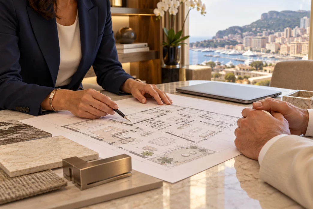 Illustrazione di una consulenza al proprietario su una planimetria