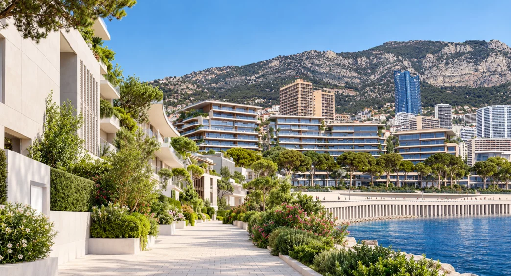 Façade de Les Jardins d’Eau, avenue Mareterra, Monaco