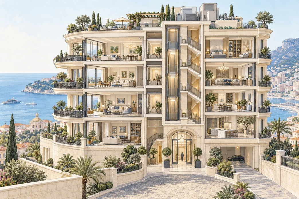 Conceptual apartment building cutaway with private and shared spaces
