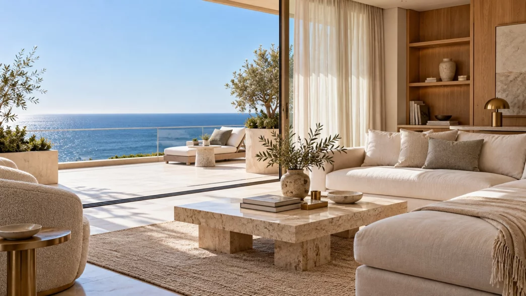 Salon méditerranéen ouvrant sur une terrasse ensoleillée avec vue mer — image illustrative