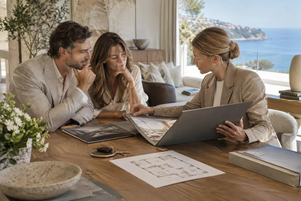 Illustrazione: una coppia e una consulente esaminano un dossier immobiliare