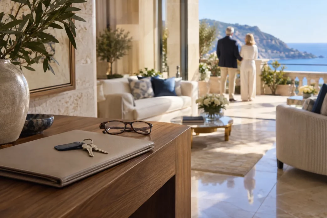 Illustration: a lived-in apartment with a couple on the terrace