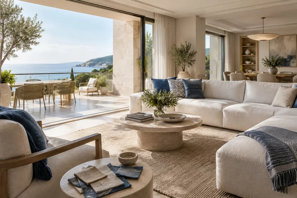 Illustration: a bright, uncluttered living room opening onto a terrace