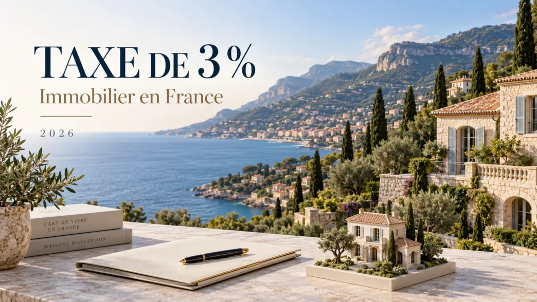 Taxe de 3 % sur l’immobilier en France : villa sur la Côte d’Azur et dossier immobilier, illustration 2026.