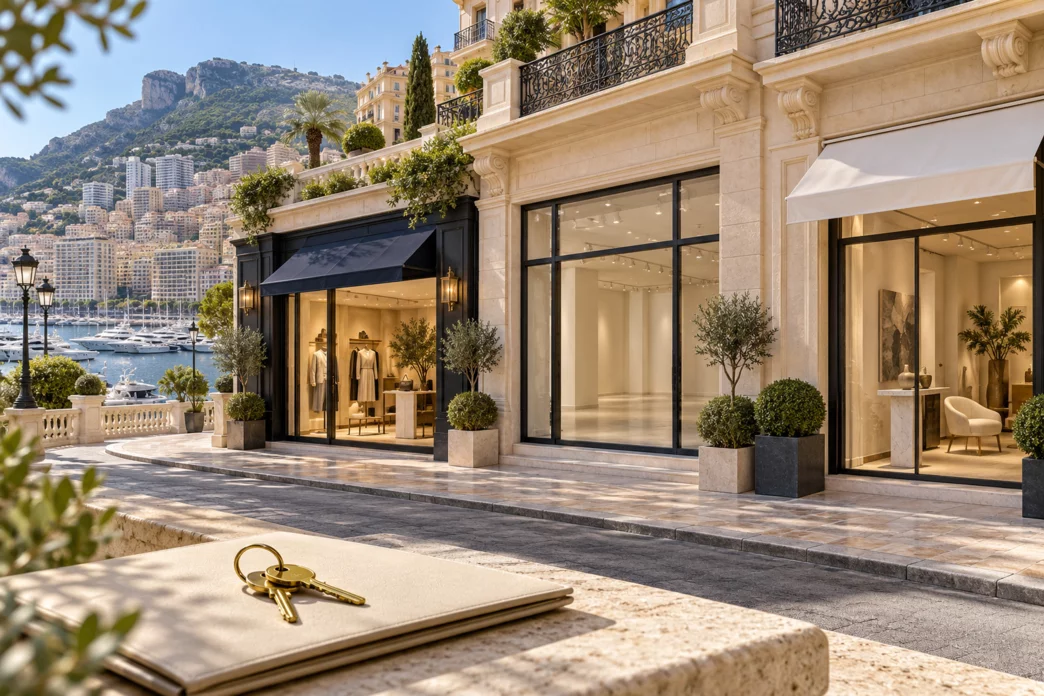 Illustration of Monaco-inspired shops and commercial premises, with keys in the foreground