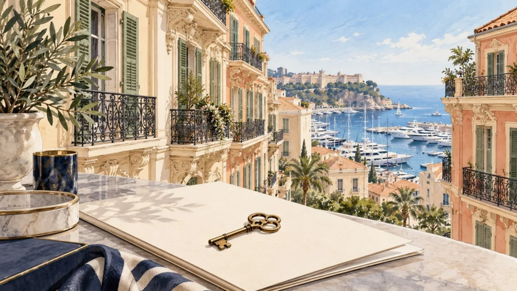Illustrazione di facciate storiche a Monaco, con una chiave e un dossier di locazione in primo piano