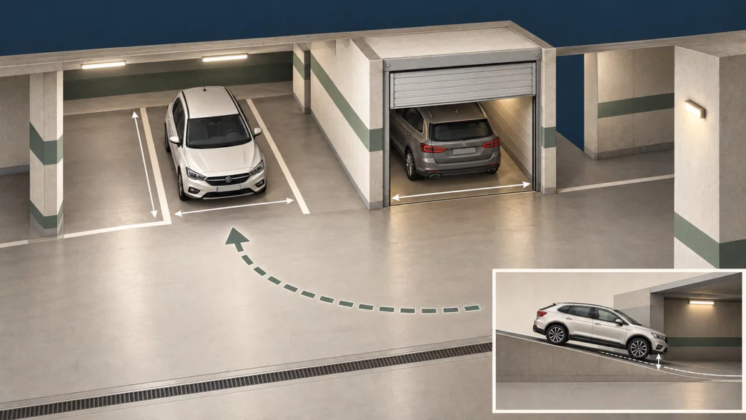 Illustrazione delle dimensioni e dell’accesso a un posto auto e a un box chiuso.
